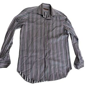 Etro Milano Mens Purple Grey Striped Cotton Button Down Shirt Made in Italy 42